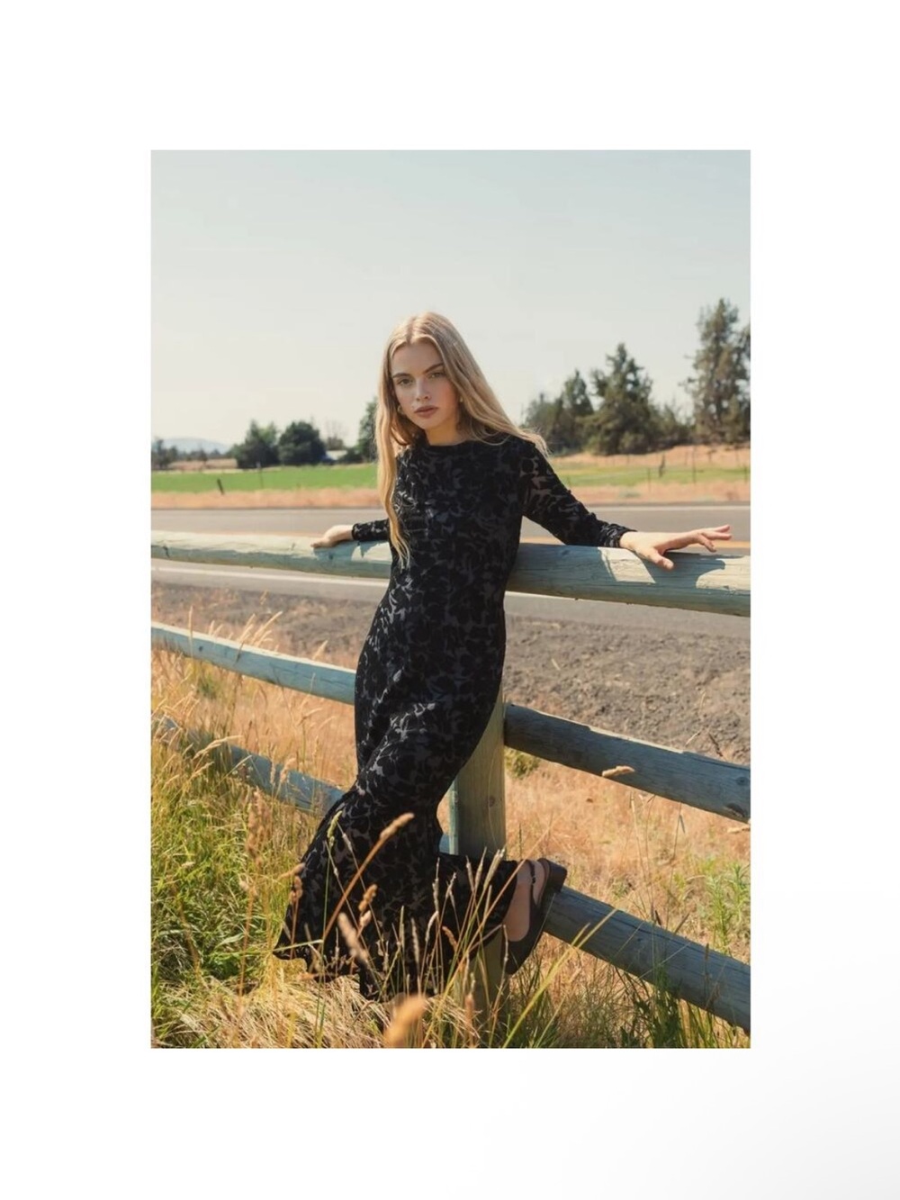 Mac Duggal 81129 Black Burnout Velvet Long Sleeve Ruffle Hem Midi Dress Sz 8